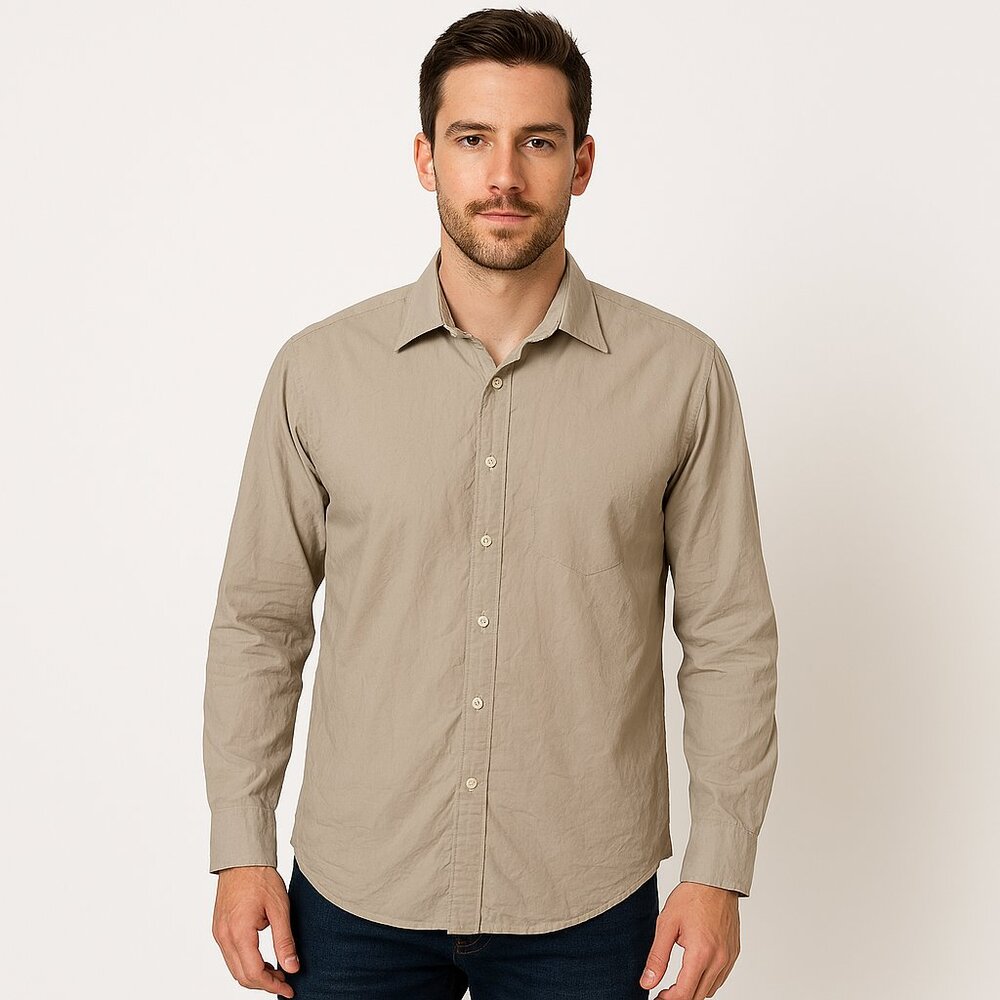 Land's End Men's Light Tan Button front Cotton Long Sleeve Shirt Size 16.5/34
